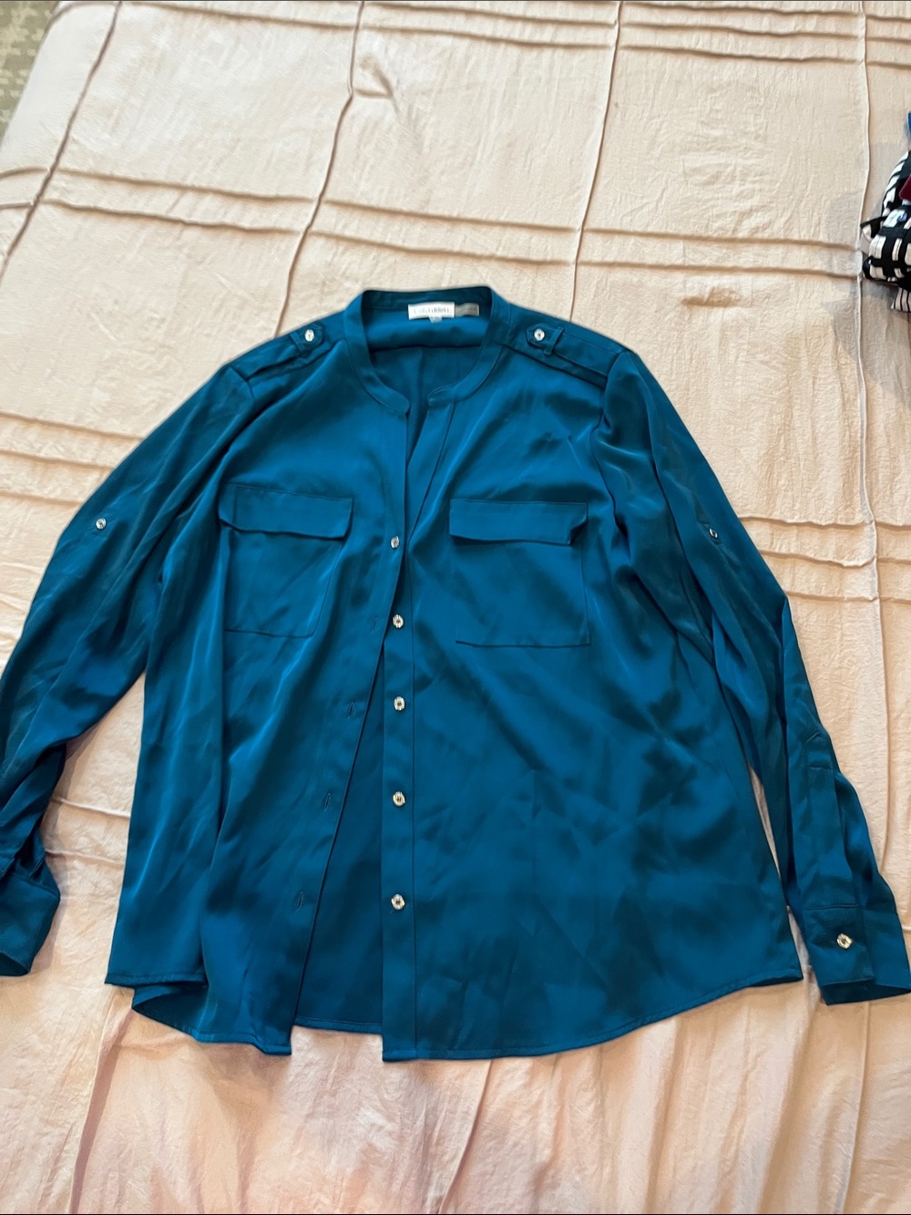 Calvin Klein Teal Silk-Look Button Front Shirt Jacket